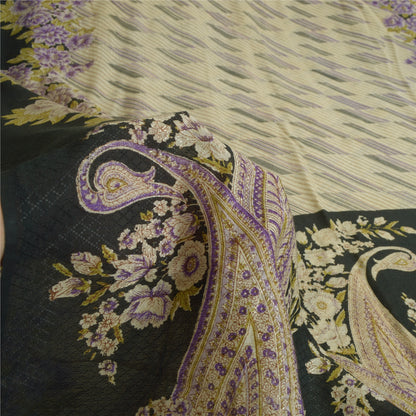 Sanskriti Vintage Sarees Ivory/Black Printed Pure Crepe Silk Sari Craft Sustainable Fabric