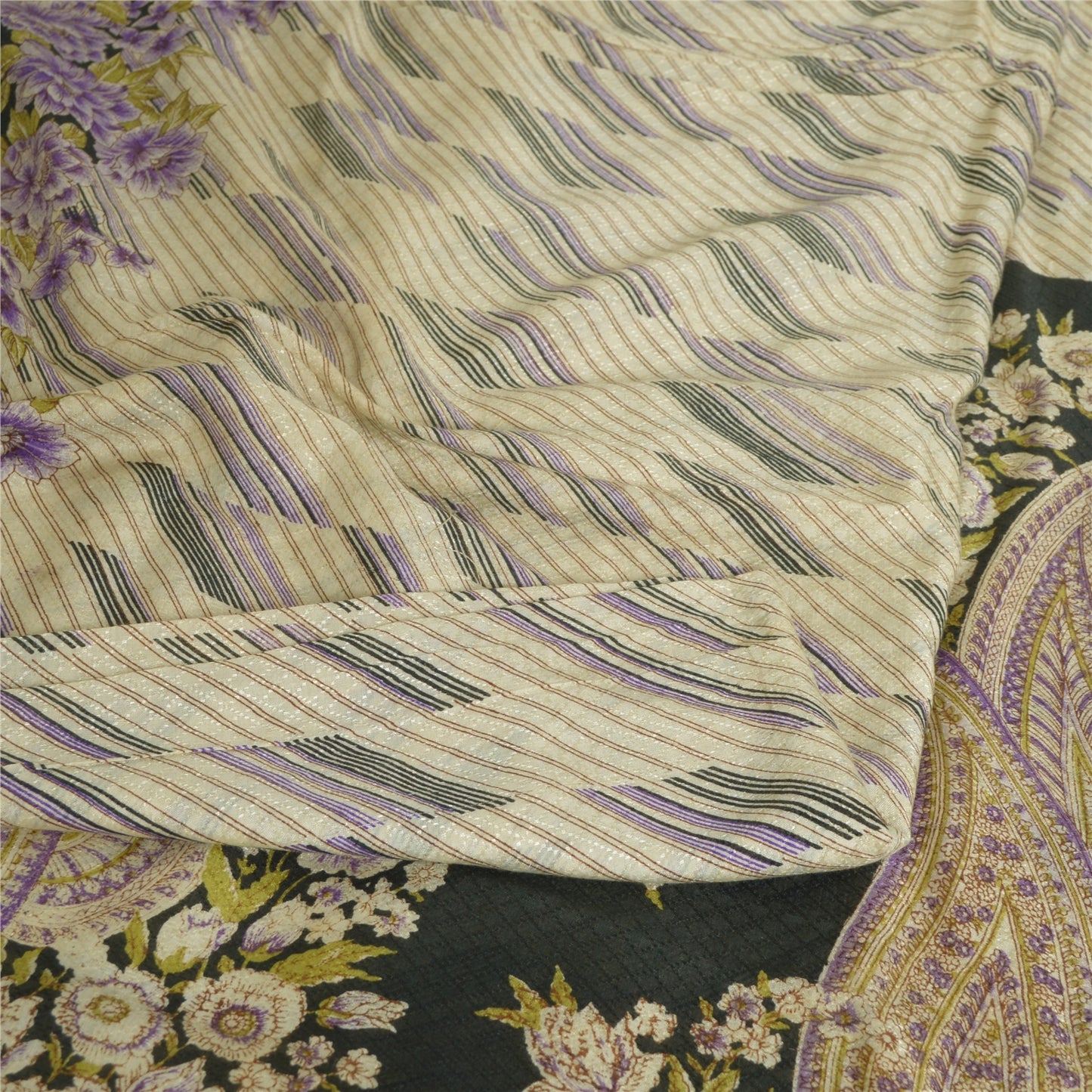 Sanskriti Vintage Sarees Ivory/Black Printed Pure Crepe Silk Sari Craft Sustainable Fabric