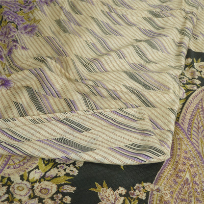 Sanskriti Vintage Sarees Ivory/Black Printed Pure Crepe Silk Sari Craft Sustainable Fabric