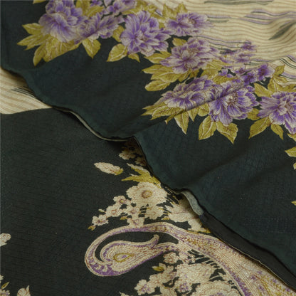 Sanskriti Vintage Sarees Ivory/Black Printed Pure Crepe Silk Sari Craft Sustainable Fabric