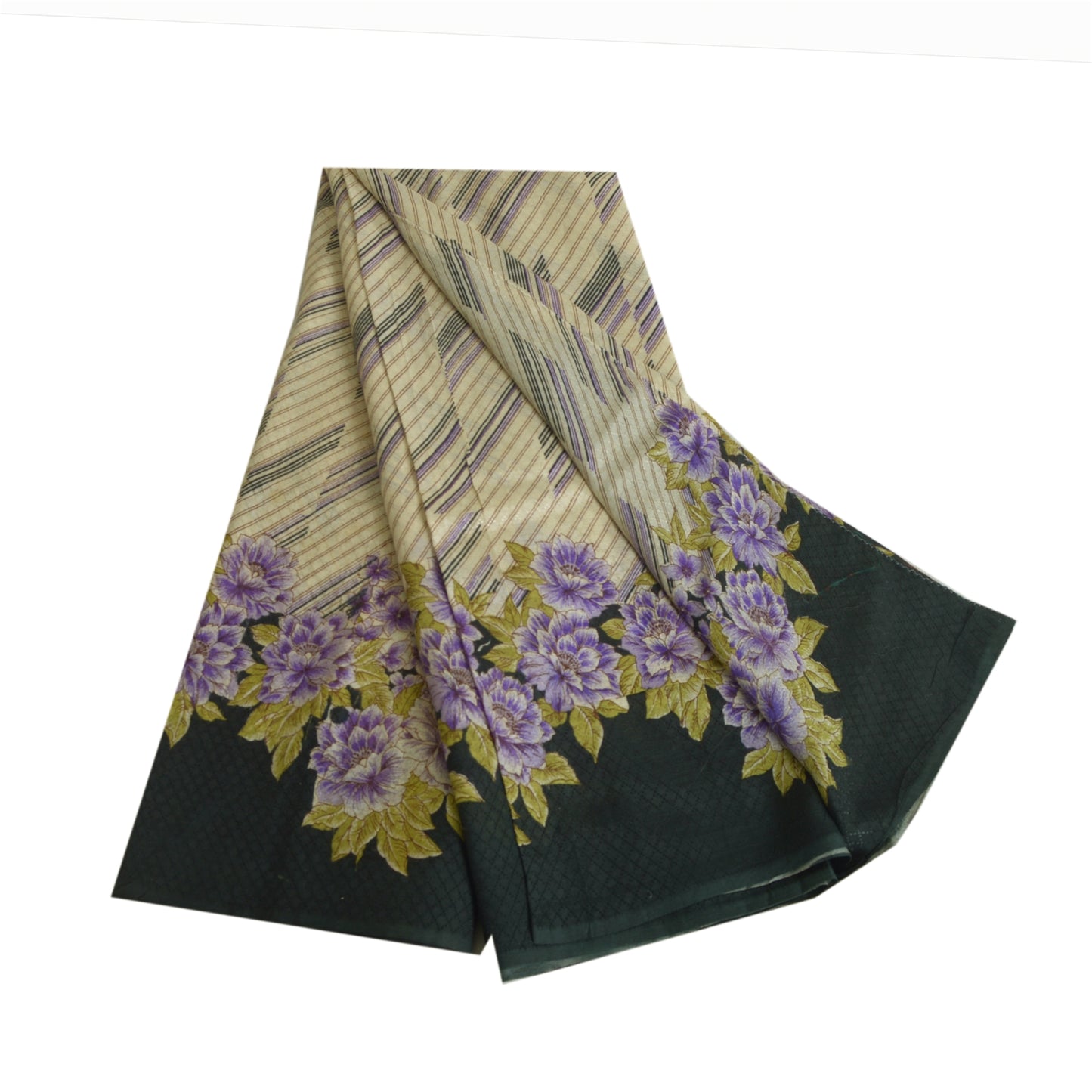 Sanskriti Vintage Sarees Ivory/Black Printed Pure Crepe Silk Sari Craft Sustainable Fabric