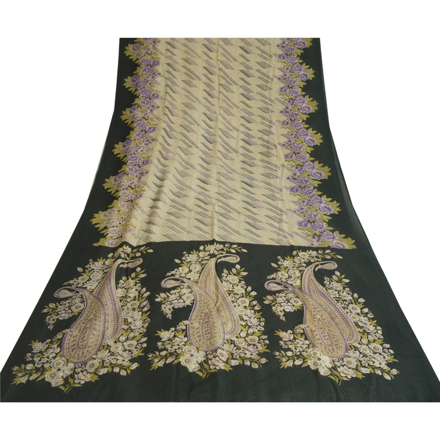 Sanskriti Vintage Sarees Ivory/Black Printed Pure Crepe Silk Sari Craft Sustainable Fabric