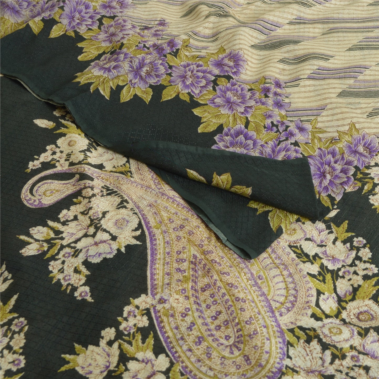 Sanskriti Vintage Sarees Ivory/Black Printed Pure Crepe Silk Sari Craft Sustainable Fabric