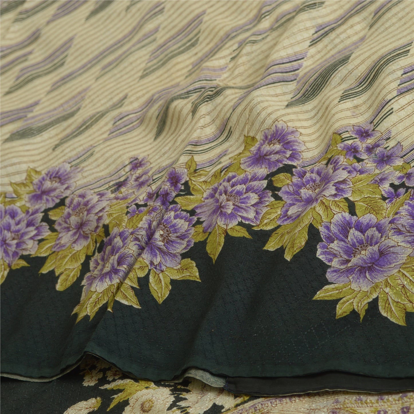 Sanskriti Vintage Sarees Ivory/Black Printed Pure Crepe Silk Sari Craft Sustainable Fabric