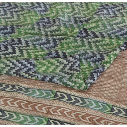 Санскритские винтажные сари из чистого крепированного шелка зеленого/коричневого цвета с принтом для сари из экологически чистой ткани