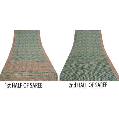 Санскритские винтажные сари из чистого крепированного шелка зеленого/коричневого цвета с принтом для сари из экологически чистой ткани