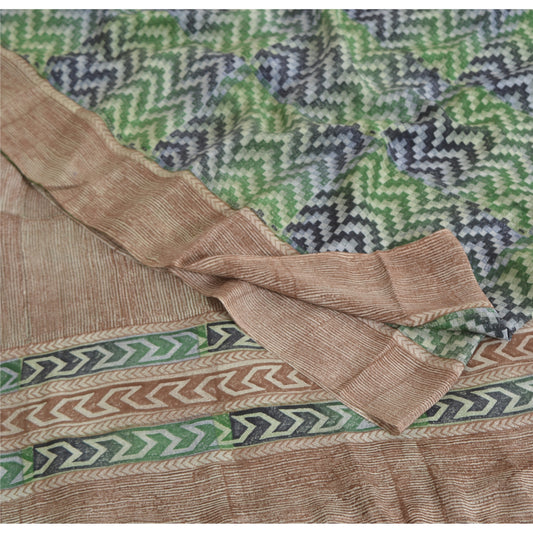 Sanskriti Vintage Sarees Green/Brown Pure Crepe Silk Printed Sari Craft Sustainable Fabric