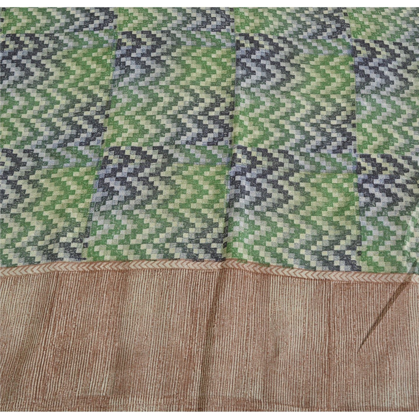 Санскритские винтажные сари из чистого крепированного шелка зеленого/коричневого цвета с принтом для сари из экологически чистой ткани