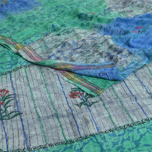 Sanskriti Vintage Sarees Multicolor Pure Crepe Silk Print Sari 5yd Craft Sustainable Fabric