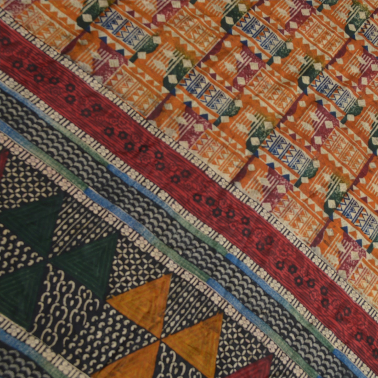 Sanskriti Vintage Sarees Multi Pure Crepe Silk Geometric Print Sari Craft Sustainable Fabric