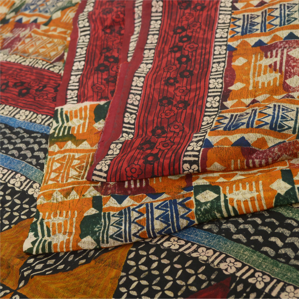 Sanskriti Vintage Sarees Multi Pure Crepe Silk Geometric Print Sari Craft Sustainable Fabric
