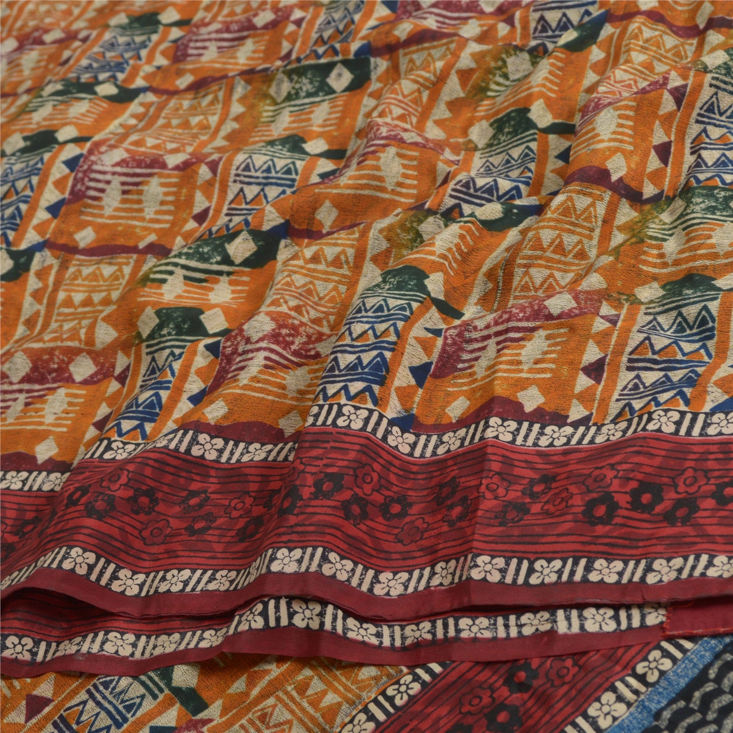 Sanskriti Vintage Sarees Multi Pure Crepe Silk Geometric Print Sari Craft Sustainable Fabric