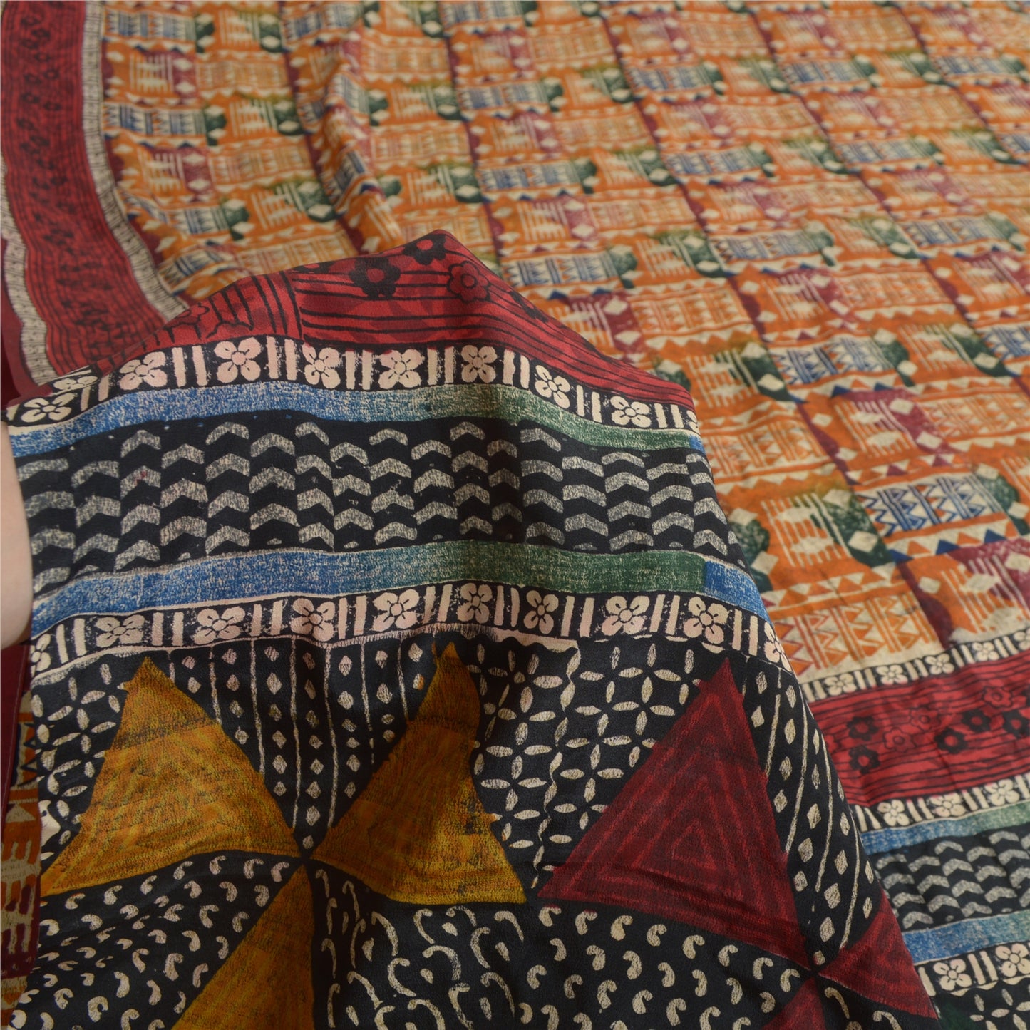 Sanskriti Vintage Sarees Multi Pure Crepe Silk Geometric Print Sari Craft Sustainable Fabric