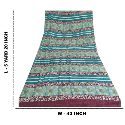 Sanskriti Vintage Sarees Indian Blue Pure Crepe Silk Printed Sari Craft Sustainable Fabric