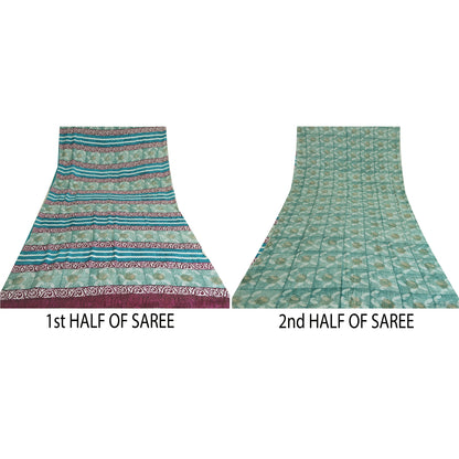 Sanskriti Vintage Sarees Indian Blue Pure Crepe Silk Printed Sari Craft Sustainable Fabric