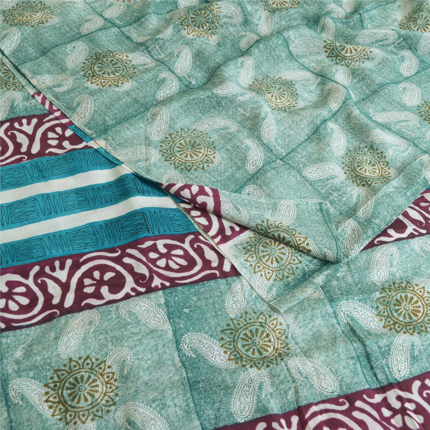 Sanskriti Vintage Sarees Indian Blue Pure Crepe Silk Printed Sari Craft Sustainable Fabric