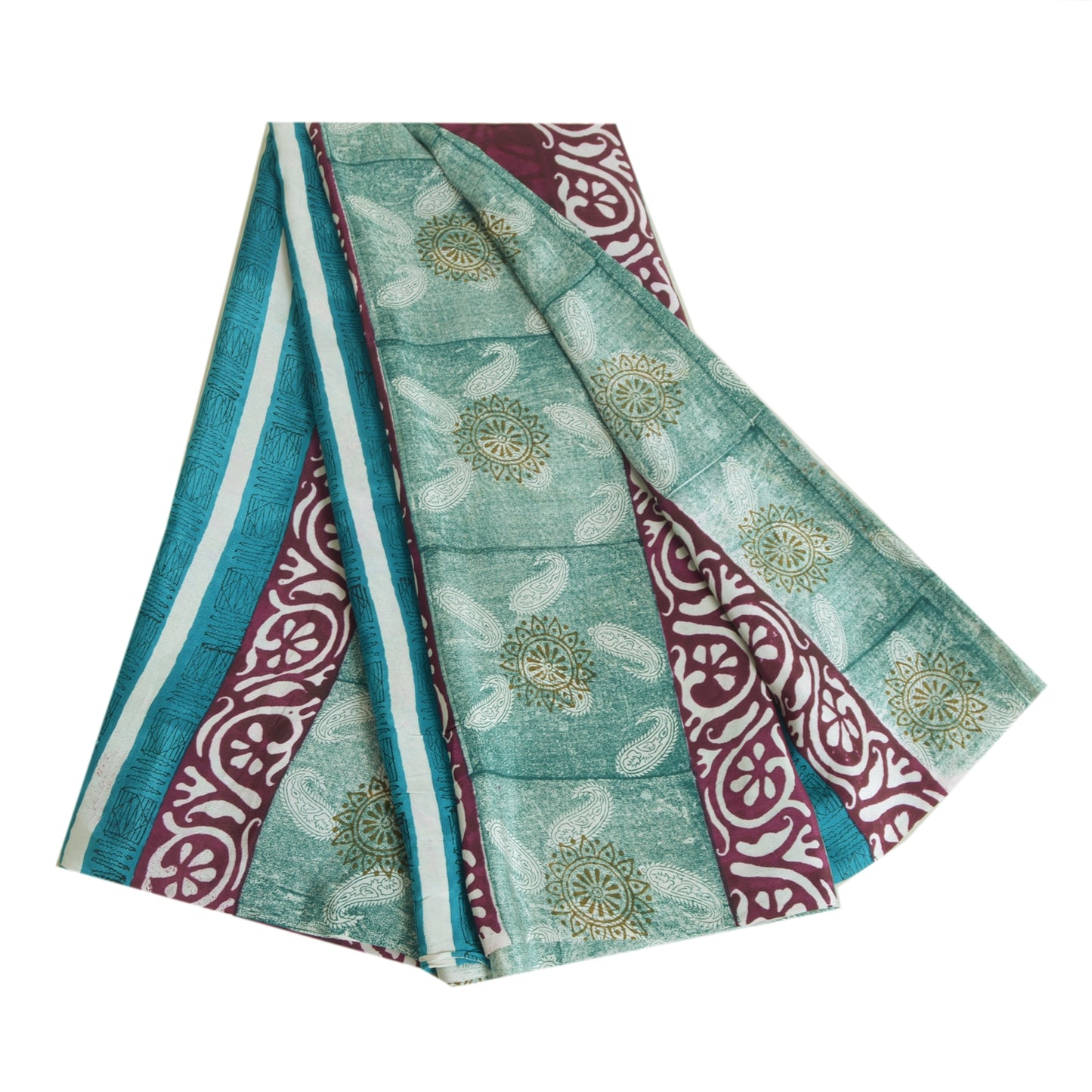 Sanskriti Vintage Sarees Indian Blue Pure Crepe Silk Printed Sari Craft Sustainable Fabric