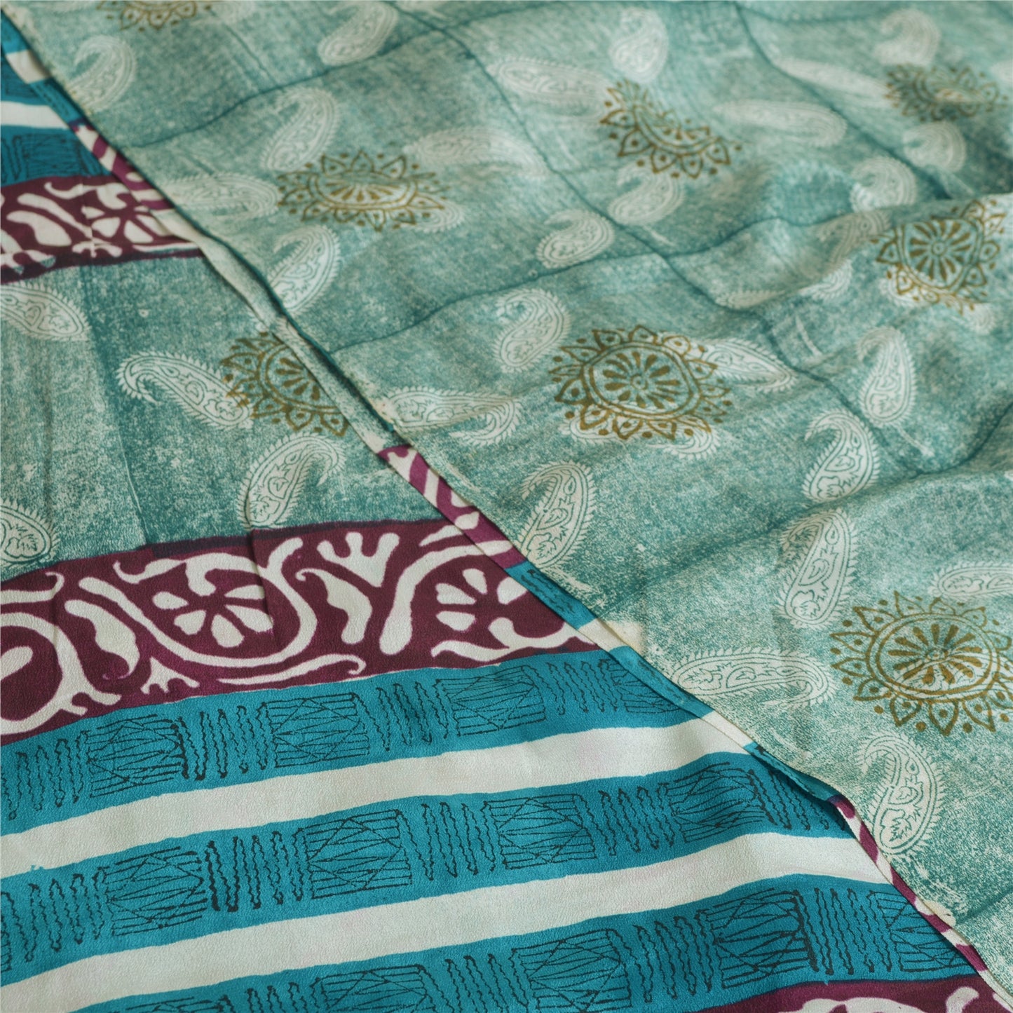 Sanskriti Vintage Sarees Indian Blue Pure Crepe Silk Printed Sari Craft Sustainable Fabric