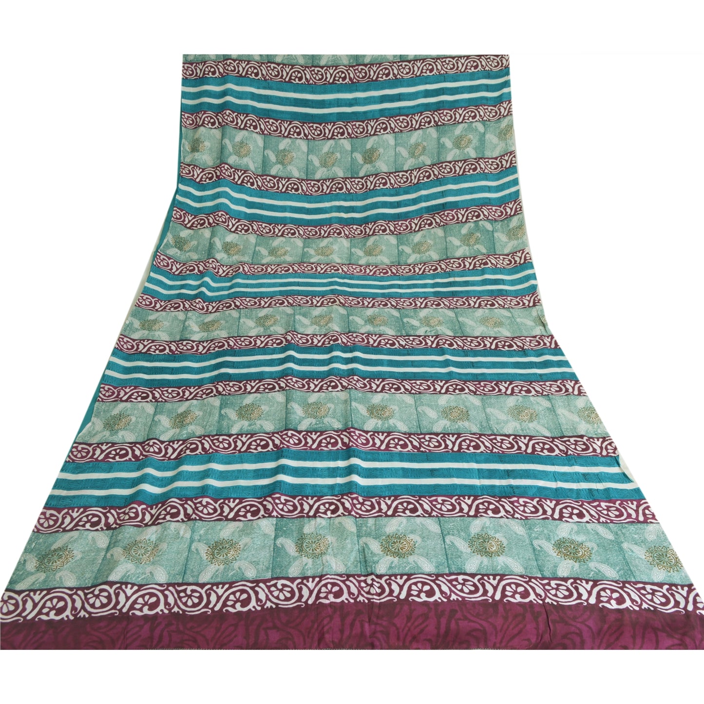 Sanskriti Vintage Sarees Indian Blue Pure Crepe Silk Printed Sari Craft Sustainable Fabric