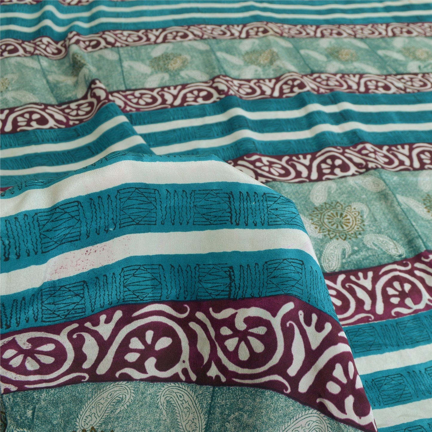 Sanskriti Vintage Sarees Indian Blue Pure Crepe Silk Printed Sari Craft Sustainable Fabric