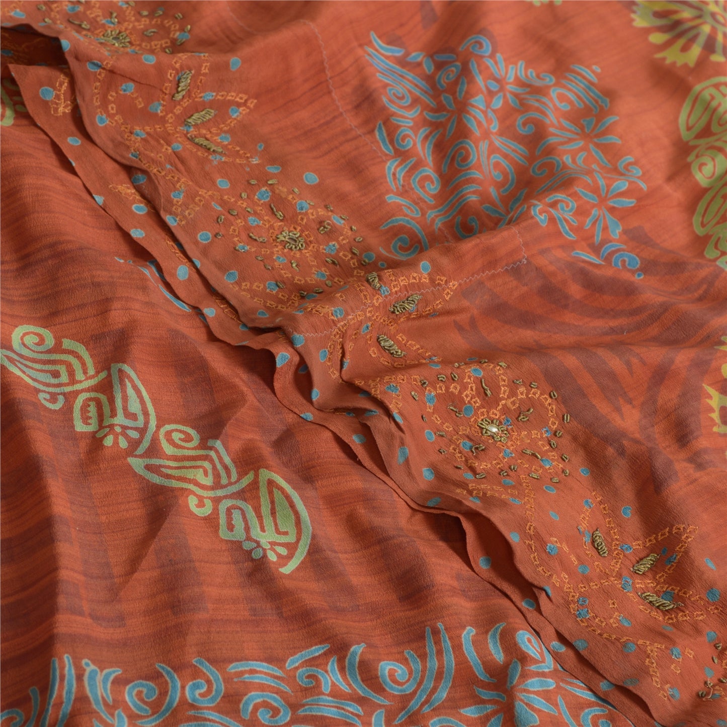 Sanskriti Vintage Sarees Orange 100% Ren Crepe Silke Trykt Sari Håndværk Bæredygtigt Stoff