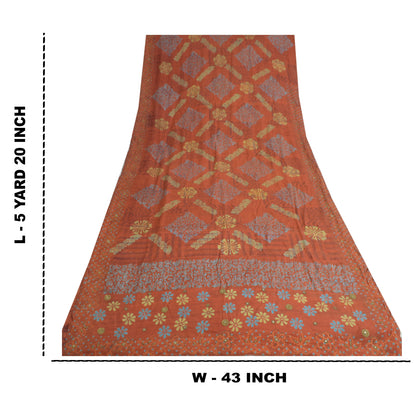 Sanskriti Vintage Sarees Orange 100% Ren Crepe Silke Trykt Sari Håndværk Bæredygtigt Stoff