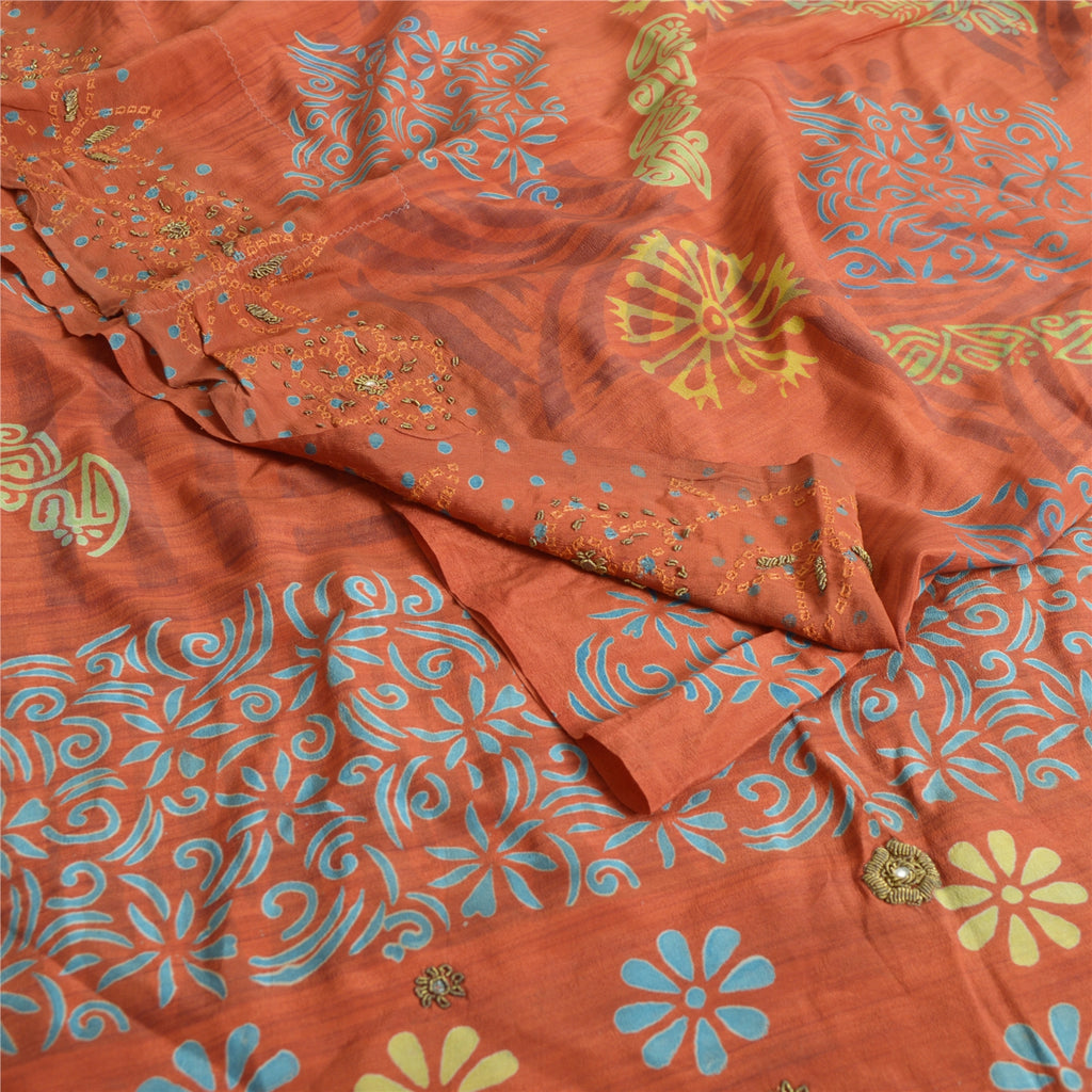 Sanskriti Vintage Sarees Orange 100% Ren Crepe Silke Trykt Sari Håndværk Bæredygtigt Stoff