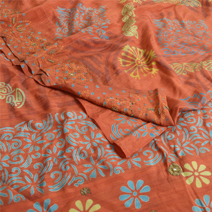 Sanskriti Vintage Sarees Orange 100% Ren Crepe Silke Trykt Sari Håndværk Bæredygtigt Stoff