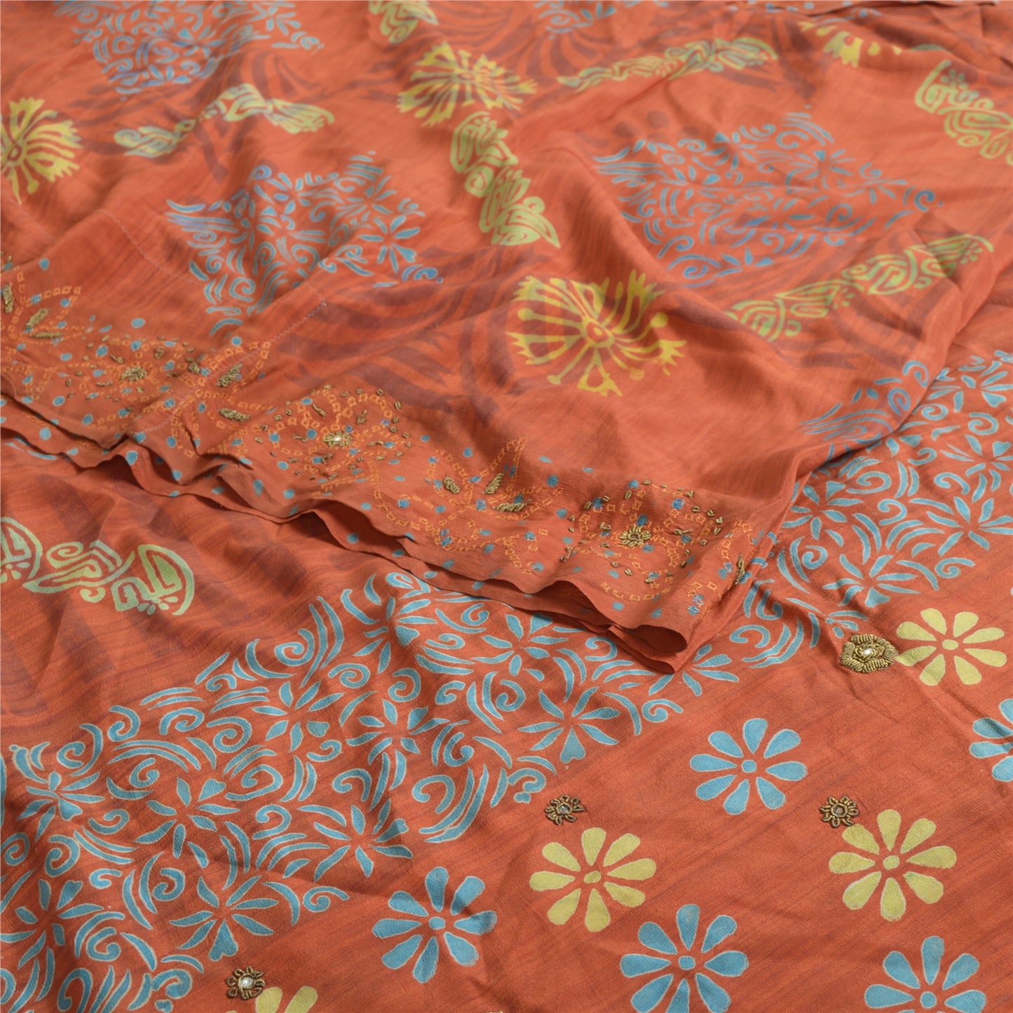 Sanskriti Vintage Sarees Orange 100% Ren Crepe Silke Trykt Sari Håndværk Bæredygtigt Stoff