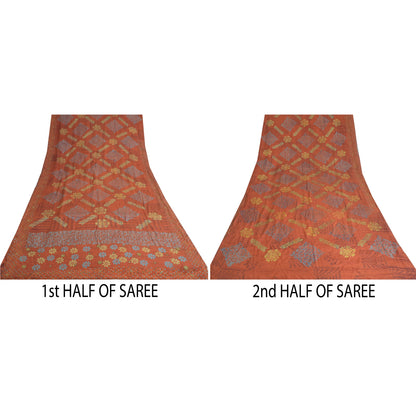 Sanskriti Vintage Sarees Orange 100% Ren Crepe Silke Trykt Sari Håndværk Bæredygtigt Stoff
