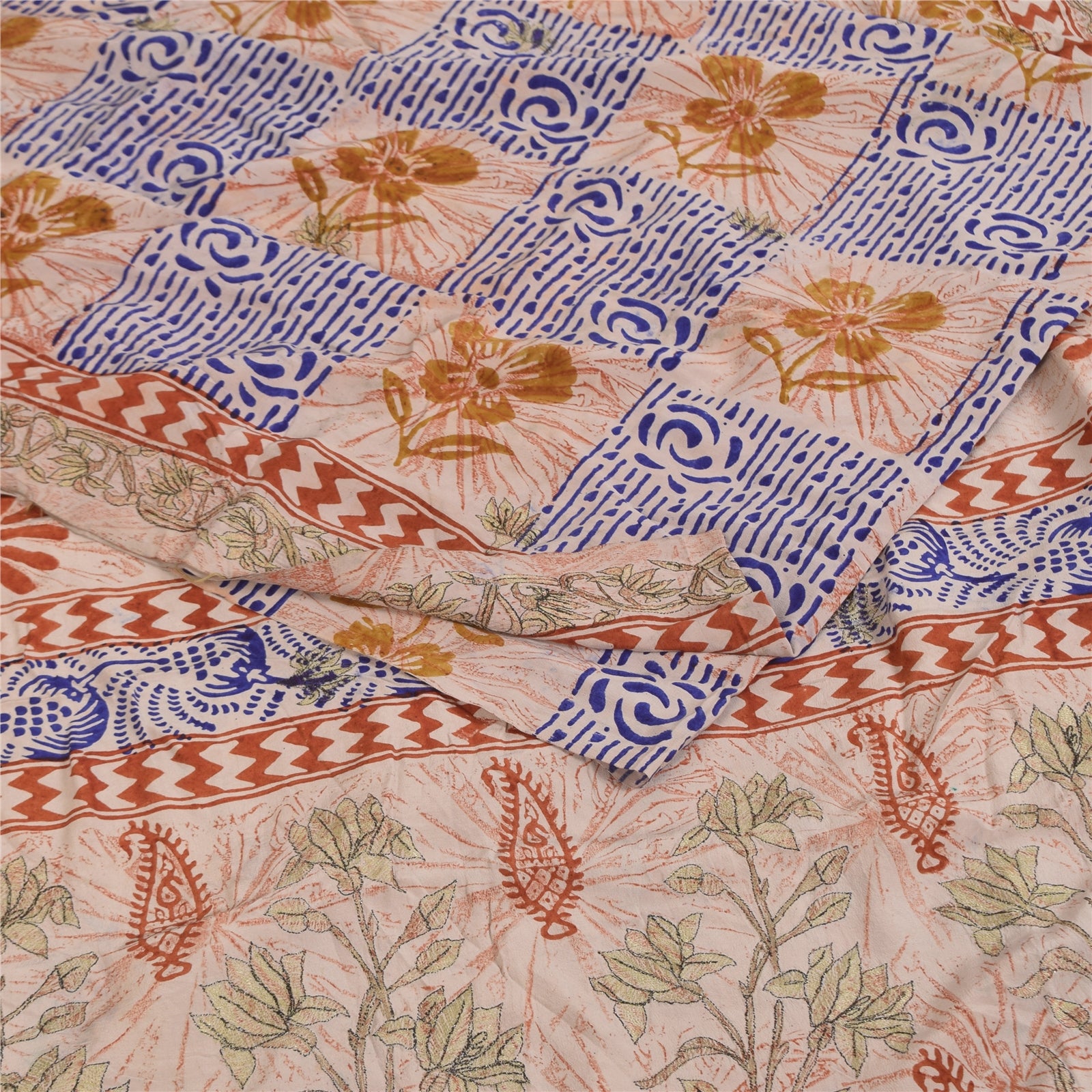 Sanskriti Vintage Sarees Cream Hand Block Printed Pure Crepe Sari 5+yd Sustainable Fabric