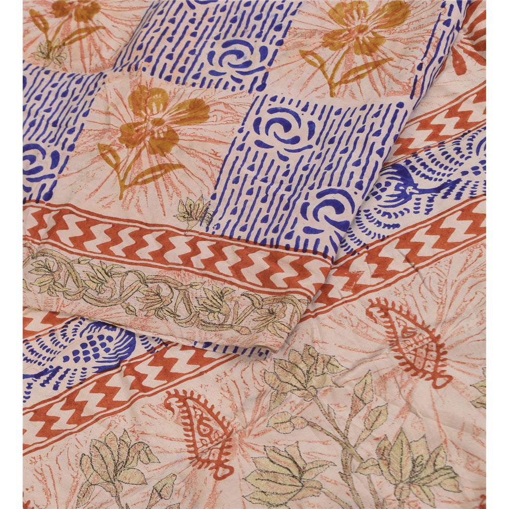 Sanskriti Vintage Sarees Cream Hand Block Printed Pure Crepe Sari 5+yd Sustainable Fabric