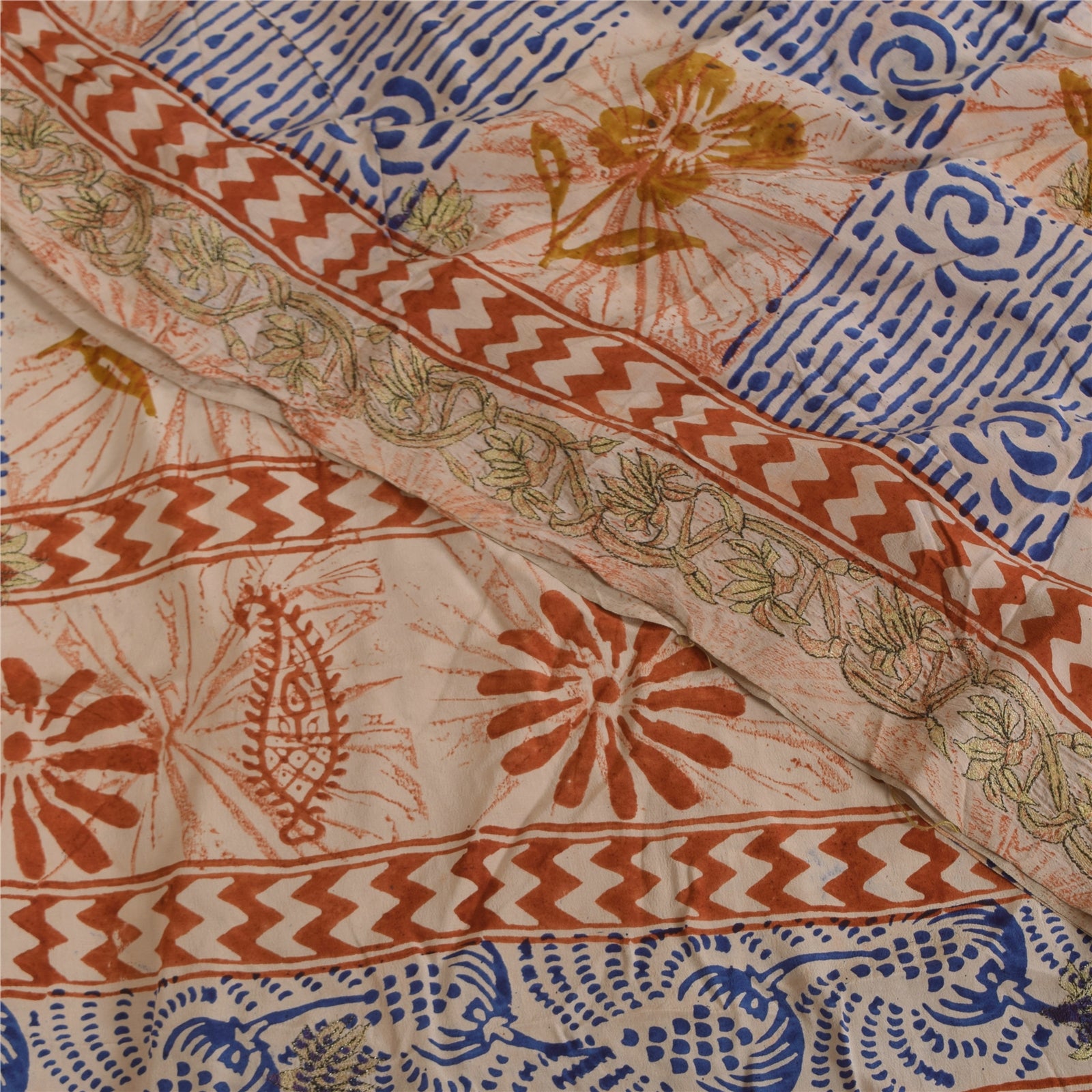 Sanskriti Vintage Sarees Cream Hand Block Printed Pure Crepe Sari 5+yd Sustainable Fabric