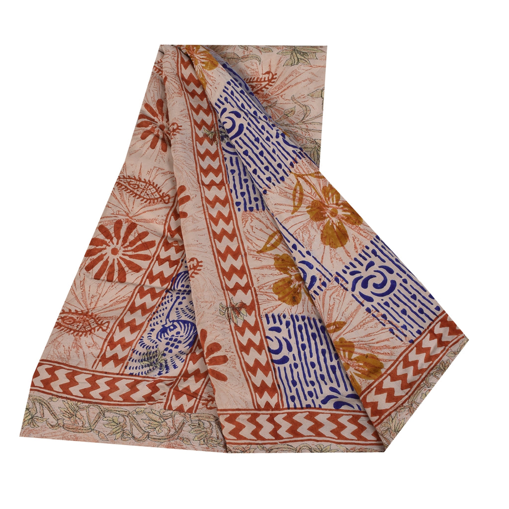 Sanskriti Vintage Sarees Cream Hand Block Printed Pure Crepe Sari 5+yd Sustainable Fabric
