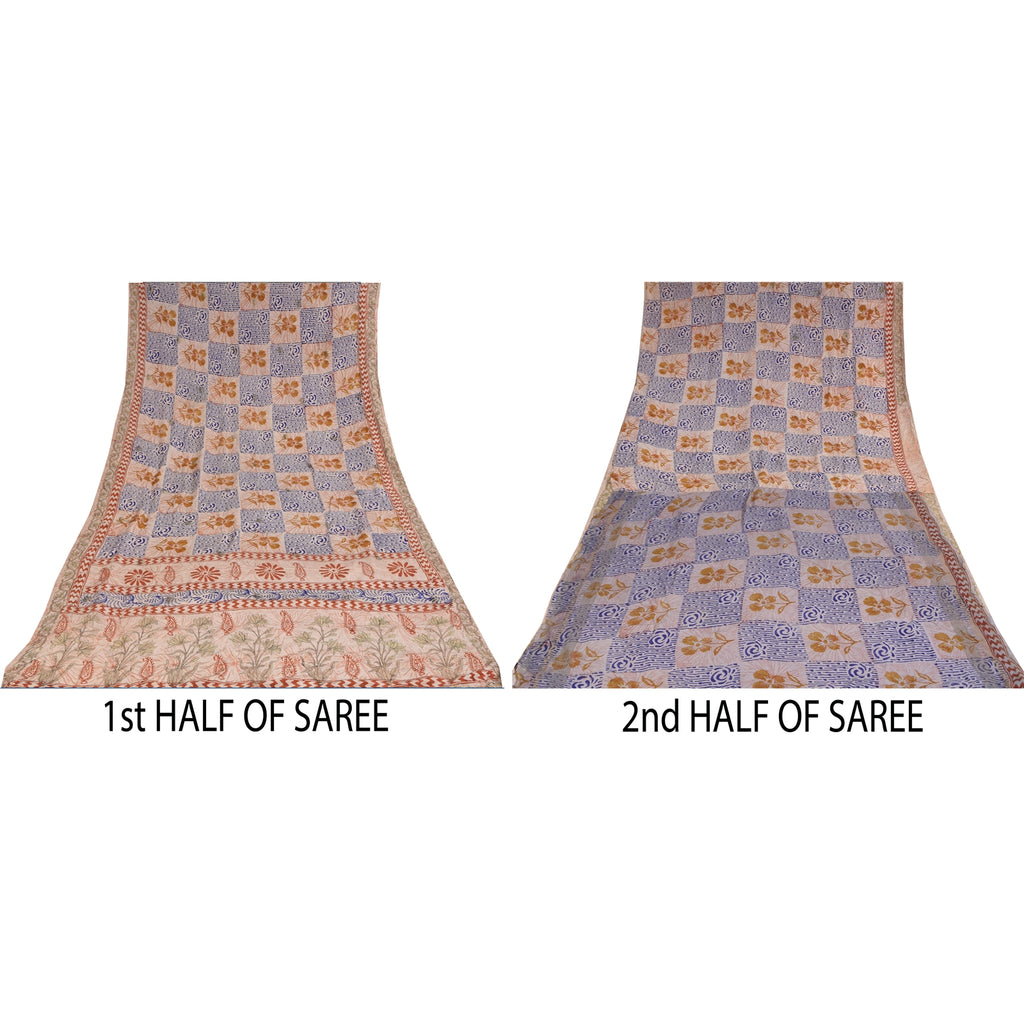 Sanskriti Vintage Sarees Cream Hand Block Printed Pure Crepe Sari 5+yd Sustainable Fabric