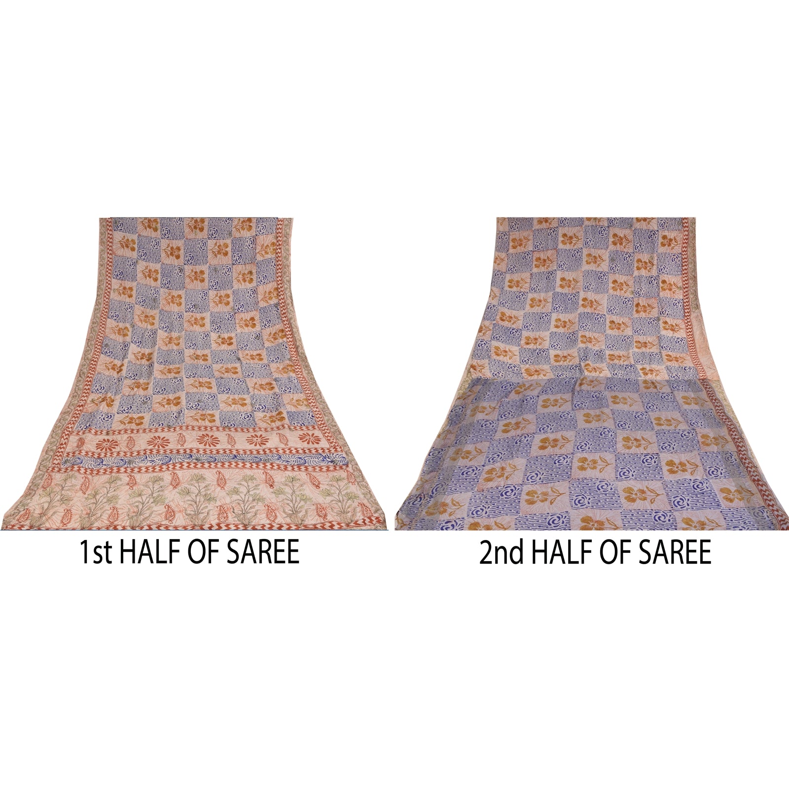 Sanskriti Vintage Sarees Cream Hand Block Printed Pure Crepe Sari 5+yd Sustainable Fabric