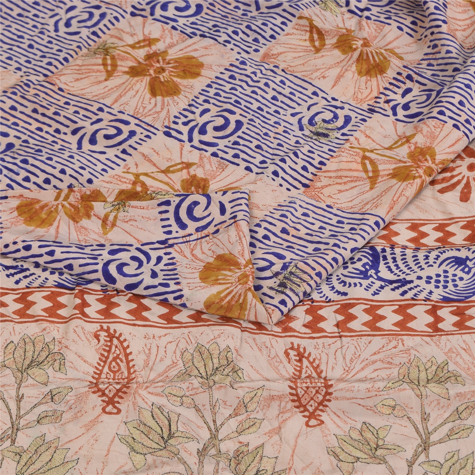 Sanskriti Vintage Sarees Cream Hand Block Printed Pure Crepe Sari 5+yd Sustainable Fabric