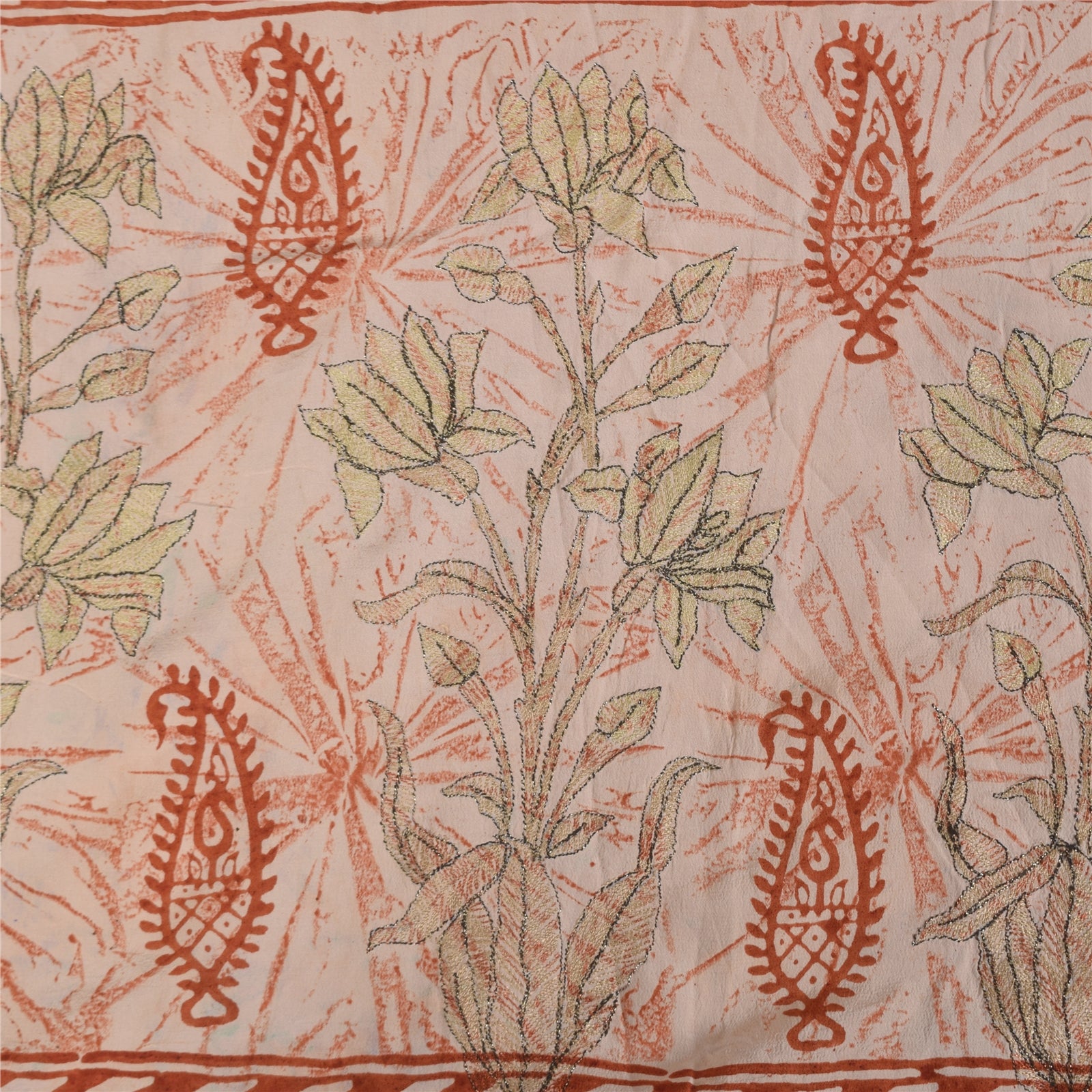 Sanskriti Vintage Sarees Cream Hand Block Printed Pure Crepe Sari 5+yd Sustainable Fabric