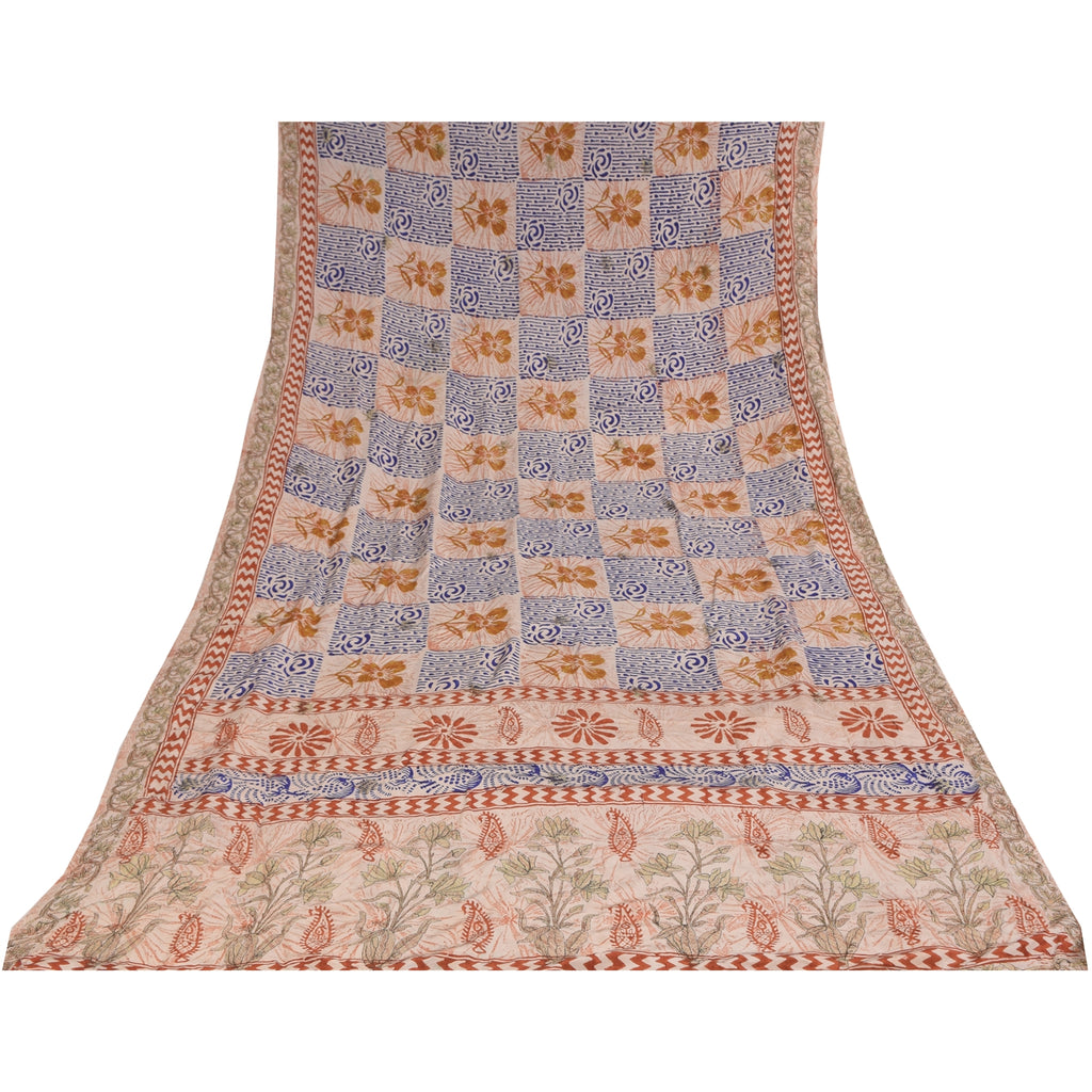 Sanskriti Vintage Sarees Cream Hand Block Printed Pure Crepe Sari 5+yd Sustainable Fabric