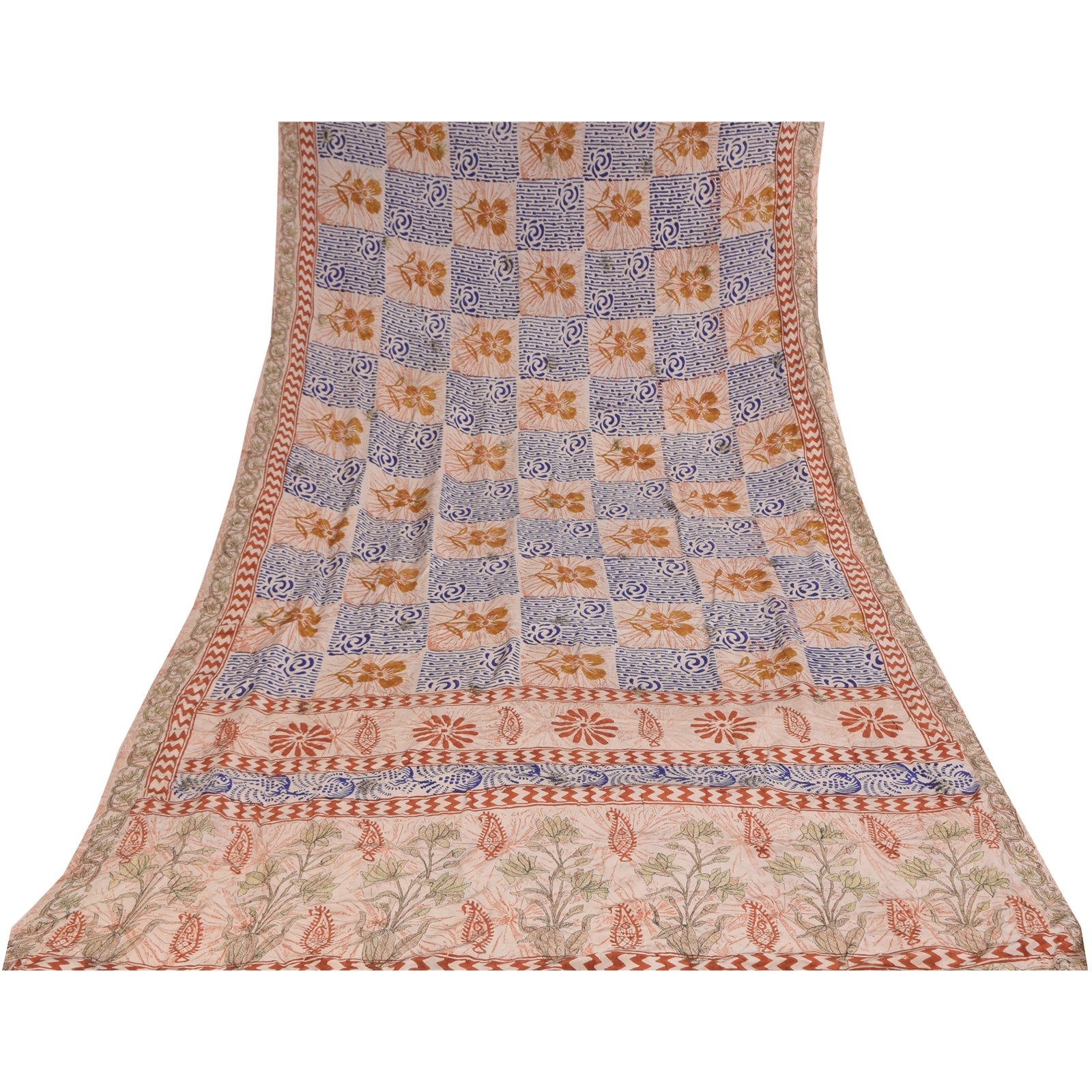 Sanskriti Vintage Sarees Cream Hand Block Printed Pure Crepe Sari 5+yd Sustainable Fabric