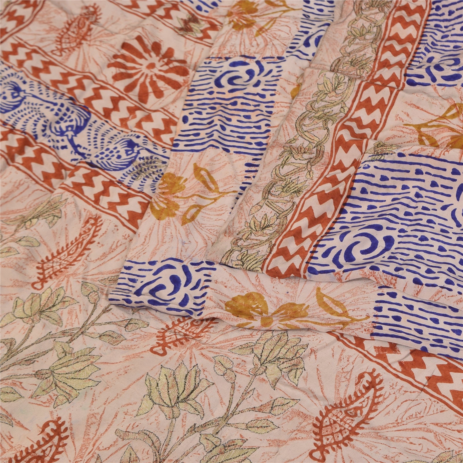 Sanskriti Vintage Sarees Cream Hand Block Printed Pure Crepe Sari 5+yd Sustainable Fabric