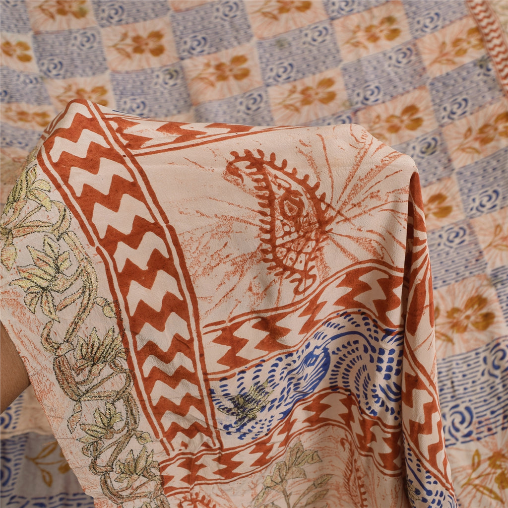 Sanskriti Vintage Sarees Cream Hand Block Printed Pure Crepe Sari 5+yd Sustainable Fabric