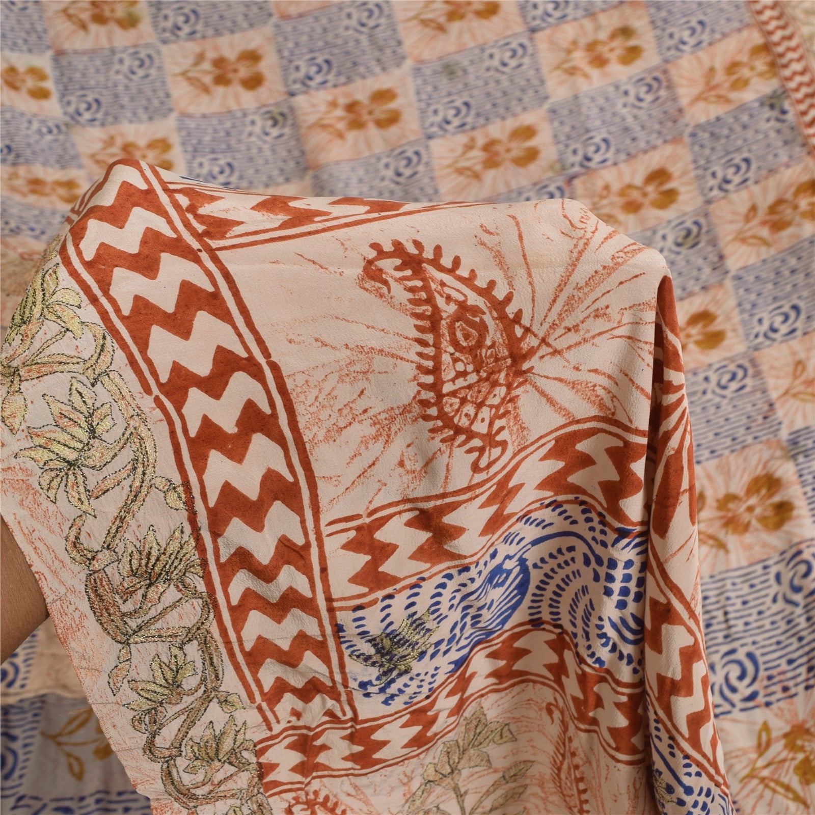 Sanskriti Vintage Sarees Cream Hand Block Printed Pure Crepe Sari 5+yd Sustainable Fabric