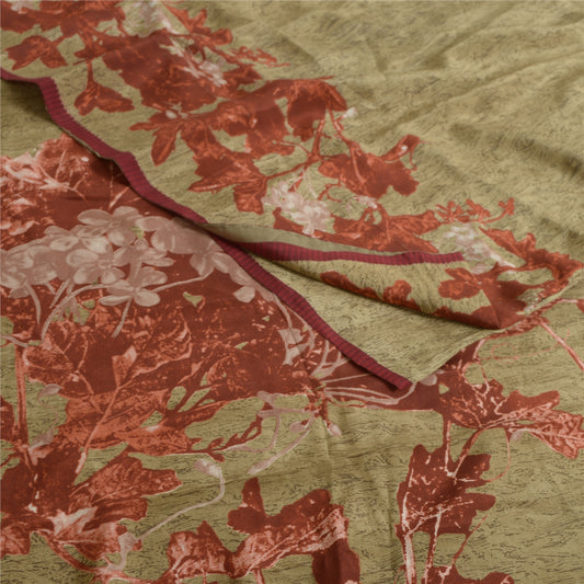 Sanskriti Vintage Sarees Olive Green/Red Print Pure Crepe Silk Sari Craft Sustainable Fabric