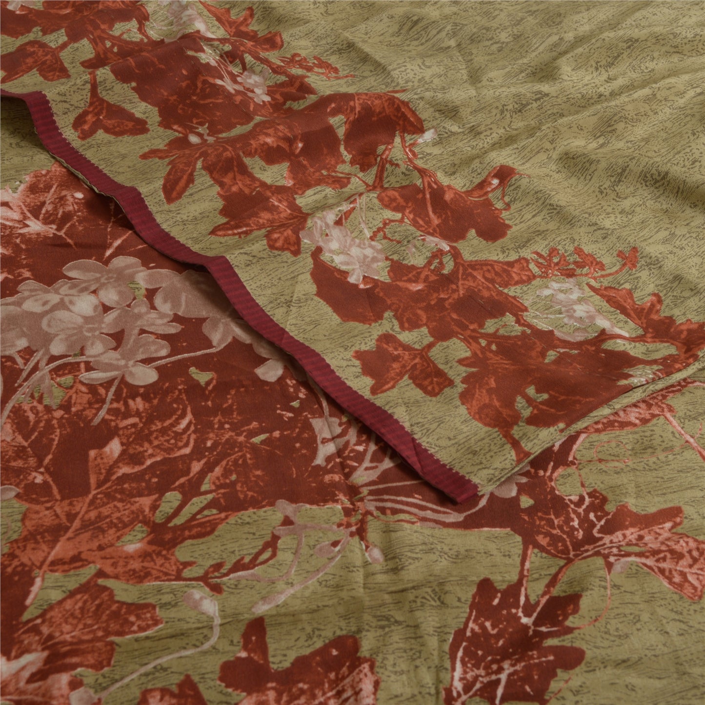 Sanskriti Vintage Sarees Olivengrøn/Rød Print Ren Crepe Silke Sari Håndværksmæssigt Bæredygtigt Stoff