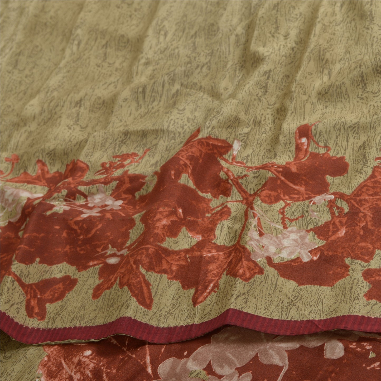 Sanskriti Vintage Sarees Olivengrøn/Rød Print Ren Crepe Silke Sari Håndværksmæssigt Bæredygtigt Stoff