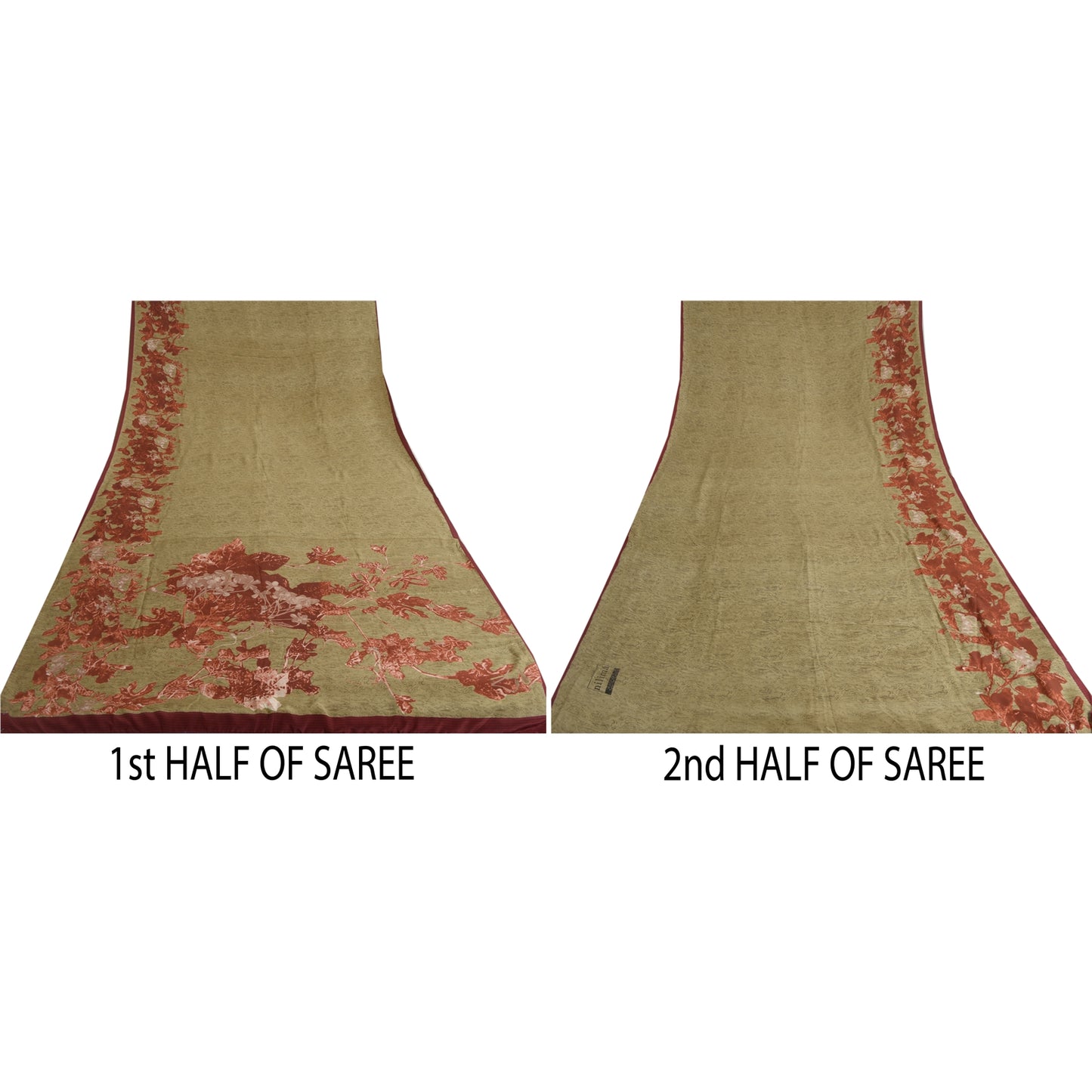 Sanskriti Vintage Sarees Olivengrøn/Rød Print Ren Crepe Silke Sari Håndværksmæssigt Bæredygtigt Stoff