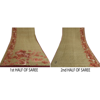 Sanskriti Vintage Sarees Olivengrøn/Rød Print Ren Crepe Silke Sari Håndværksmæssigt Bæredygtigt Stoff