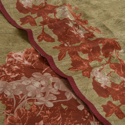 Sanskriti Vintage Sarees Olivengrøn/Rød Print Ren Crepe Silke Sari Håndværksmæssigt Bæredygtigt Stoff