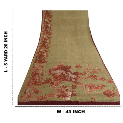 Sanskriti Vintage Sarees Olivengrøn/Rød Print Ren Crepe Silke Sari Håndværksmæssigt Bæredygtigt Stoff
